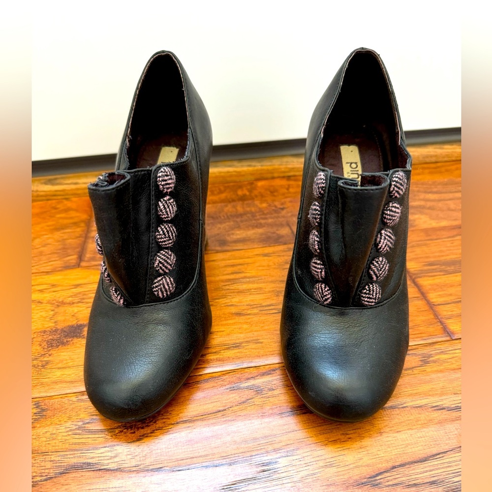 Pink Studio Black Leather Bootie